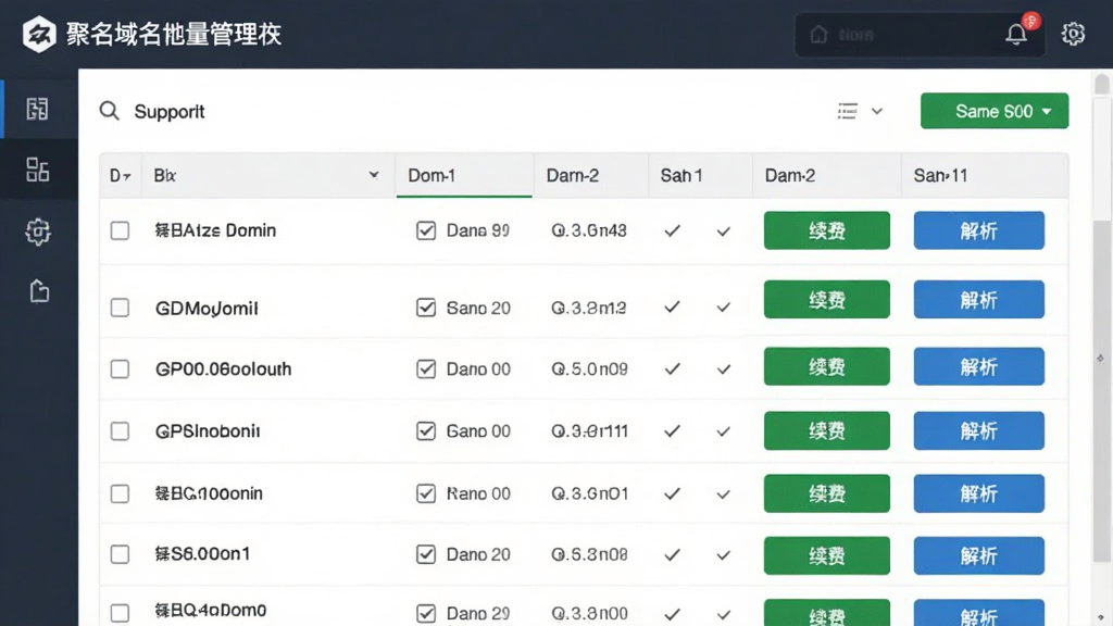 聚名域名批量管理界面截图,表格形式展示多个域名状态,支持勾选批量操作,界面设计简洁实用,绿色按钮表示续费,蓝色按钮表示解析,整体风格商务大气,画质清晰,干净无冗余