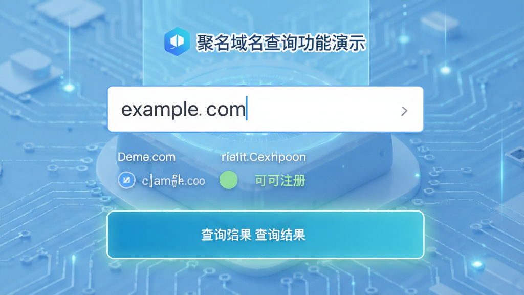 聚名域名查询功能演示图,输入框内输入“example.com”,下方显示域名状态为可注册,界面高亮显示查询结果,背景为淡蓝色科技感设计,整体风格专业清晰,画质高清,干净整洁