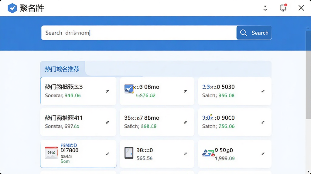 聚名软件主界面截图,展示域名查询功能,界面简洁清晰,蓝色主题色调,搜索框位于顶部,下方为热门域名推荐列表,整体布局现代,扁平化设计风格,细节丰富,画质高清,干净无多余元素