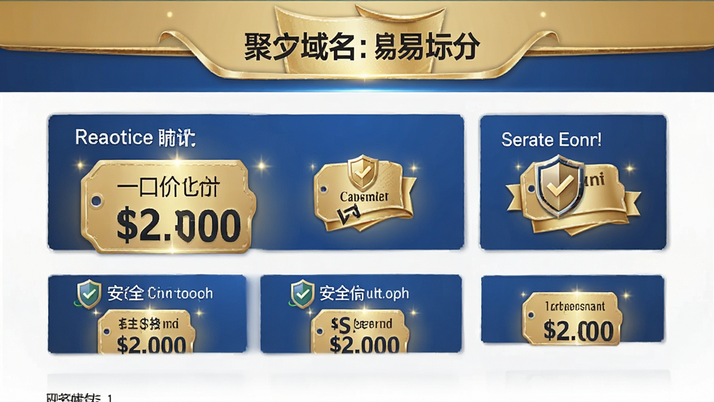聚名域名交易界面示意,展示一口价域名列表,价格标签醒目,安全认证图标展示,整体设计采用金色与蓝色搭配,突出安全可靠感,画质高清,细节精致,干净无杂乱元素