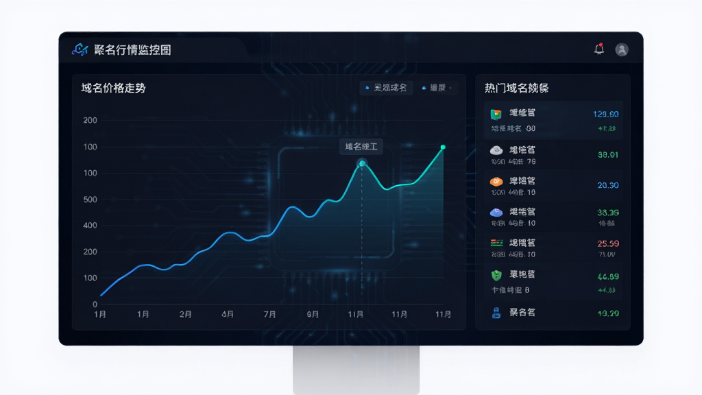聚名行情监控图表截图,折线图显示域名价格走势,旁边有热门域名列表,界面采用深色背景,数据可视化清晰,整体风格科技感强,画质高清,干净无多余元素