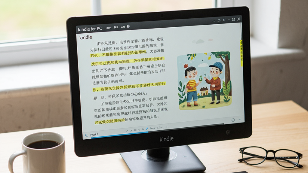 ���壺Kindle for PC������Windows���������е�ʵ�ĳ�������Ļ����ʾͼ�����ݣ��Ա���һ�����Ⱥ�һ���۾������֣�������Ļռ��������֮�������滷��Ϊ�����Ű棺��Ļ����ʾ���������ֶ����һ�Ų�ͼ������ײ���ҳ������������дʵ��Ӱ�����Ȼ�⣬ǳɫľ����ϸ�ڣ���Ļ�пɼ�Kindle��Logo������Ϊ���ģ�ҳ���Ե�и�����ɫ��ǣ����ʣ������壬�ɾ����޶���Ԫ�ء�