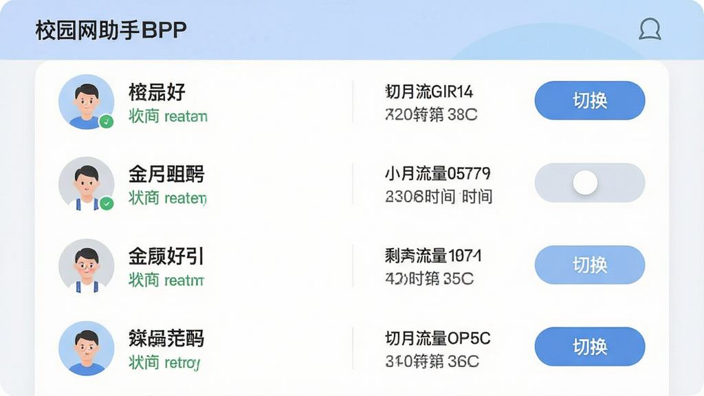 ���壺У԰������APP�Ķ��˺Ź������棬�б���ʾ����˺š����֣��˺��б��������У����л���ť���Ű棺�����������˺�������״̬��������񣺼������磬ɫ����͡�ϸ�ڣ��˺����ơ�ʣ������������ʱ�䣬�л���ť���֡��л��������ʣ����壬�ɾ����޶���Ԫ�ء�