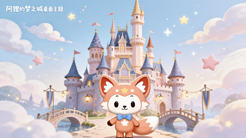 主体为阿狸卡通形象与梦之城城堡全景,布局以城堡为中心,阿狸站在前方微笑,周围漂浮着云朵和星星;排版采用居中对称,色彩柔和温暖,以粉色、淡蓝色为主;风格为治愈系童话插画,细节包含城堡的塔楼、灯笼、小桥;画质高清细腻,干净无多余元素,画面中可加入文字“阿狸的梦之城桌面主题”