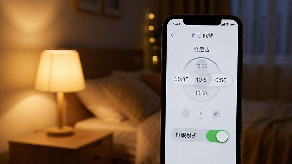 �ֻ���Ļ��ʾ�յ�ͨ��ң�������ܵĶ�ʱ���ý��棬��������ʱ����ֺ͡�˯��ģʽ�����أ�����Ϊ����ҹ����������ͷ�ƹ���ͣ�ɫ����ů�������ܰ�������������޶���Ԫ��