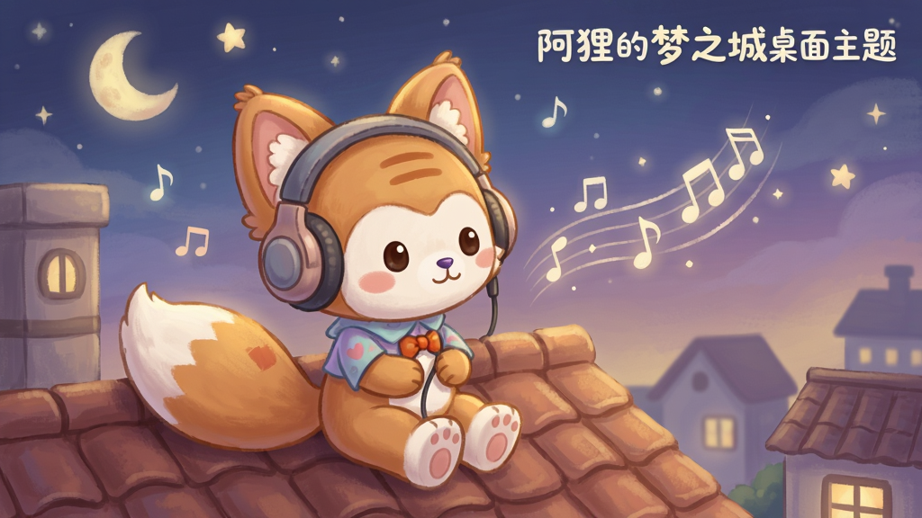 主体为阿狸聆听音乐的插画,布局阿狸坐在梦之城屋顶上,戴着耳机,周围有音符飘动;排版采用对角线构图,风格温馨治愈,细节包含屋顶瓦片、月亮、星星;画质细腻,光线柔和,干净无多余元素,画面右上角写有“阿狸的梦之城桌面主题”