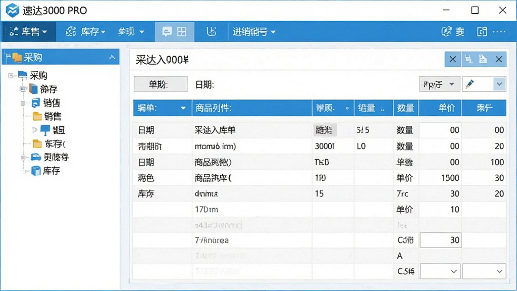 画面主体为“速达3000 PRO”软件的进销存管理界面,界面左侧显示采购、销售、库存的功能树,右侧为一张采购入库单的详细表格。整体布局为上下结构,上方是工具栏,下方是数据区。风格为扁平化设计,颜色以蓝白为主,细节包括单据编号、日期、商品明细、数量、单价等字段,画质清晰,画面干净无多余元素。