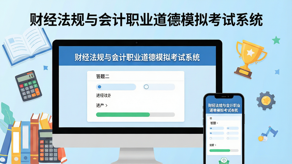 主体:财经法规与会计职业道德模拟考试系统主界面,展示电脑屏幕和手机屏幕上的答题页面,屏幕上清晰显示
