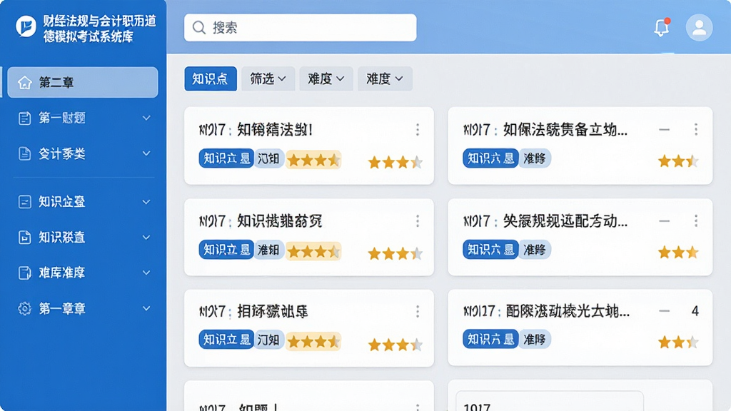 主体:财经法规与会计职业道德模拟考试系统题库分类界面,左侧显示章节列表,右侧显示题目列表,顶部有搜索框和筛选标签。布局:左侧导航栏占三分之一,右侧题目列表占三分之二,整体采用上下结构,背景为浅灰色。排版:界面干净整洁,每个题目卡片显示题号、知识点标签和难度星级。风格:现代简约UI风格,蓝白配色,细节精致。画质:高清,干净,无多余元素。