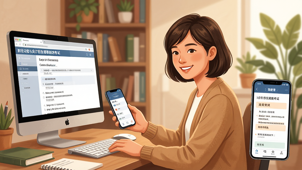主体:一位考生正在使用手机和电脑同时学习财经法规与会计职业道德模拟考试系统,电脑屏幕显示答题页面,手机显示错题本,考生面带微笑。布局:画面左侧为电脑,右侧为手机,考生坐在中间,背景是书房,有书架和绿植。排版:人物居中,设备环绕,整体平衡。风格:写实插画风格,暖色调,细节丰富。画质:高清,干净,无多余元素。
