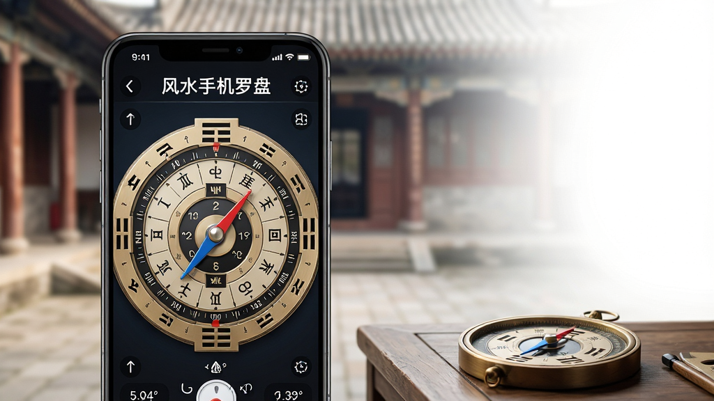 主体:一款智能手机屏幕显示风水罗盘界面,背景为古建筑庭院。布局:手机位于画面中央偏左,右侧留白,下方有木桌与罗盘实物。排版:手机界面放大,罗盘刻度清晰,顶部有“风水手机罗盘”字样。风格:写实与科技感结合,光线柔和,细节丰富。细节:罗盘上刻有二十四山、八卦符号,手机界面显示方位度数,背景虚化。画质:8K超清,干净,无多余元素。