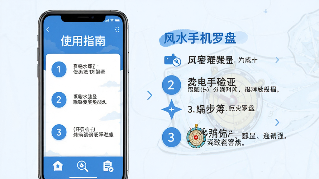 主体:手机屏幕显示“风水手机罗盘”使用教程界面,旁边有操作步骤说明。布局:手机在左侧,右侧为文字步骤图,底部有图标。排版:屏幕上有“使用指南”四个字,下方为分步图解,清晰明了。风格:简约现代,蓝色调。细节:步骤图标有1、2、3编号,文字简明。画质:高清,干净,无多余元素。