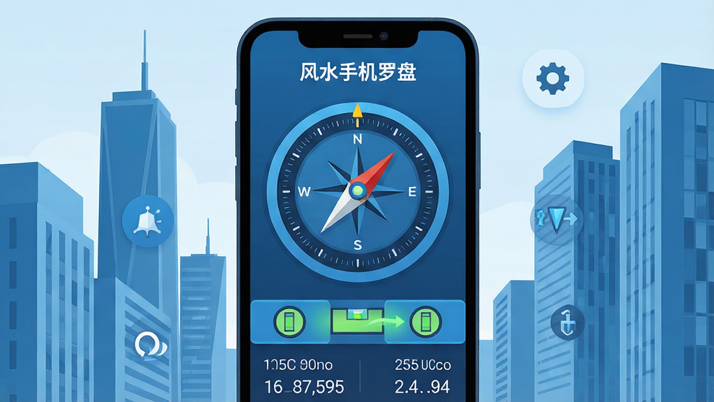 主体:手机屏幕显示指南针与水平仪界面,背景为现代城市建筑。布局:手机位于画面中央,周围有简洁的UI元素。排版:指南针圆盘占据屏幕大部分,下方有水平仪和坐标数据,屏幕顶部有“风水手机罗盘”字样。风格:科技蓝调,扁平化设计。细节:指南针指向准确,水平仪动画流畅,坐标数字清晰。画质:高清,干净,无多余元素。