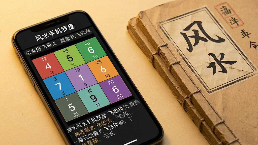 主体:手机屏幕展示风水排盘结果,旁边放有纸质风水书籍。布局:手机斜放于画面左前方,书籍在右侧,整体呈L形构图。排版:屏幕显示九宫格与飞星数字,文字解读滚动显示,上方有“风水手机罗盘”名称。风格:古朴与现代结合,暖色调。细节:九宫格颜色区分,飞星数字清晰,书籍封面可见“风水”二字。画质:超清,干净,无多余元素。