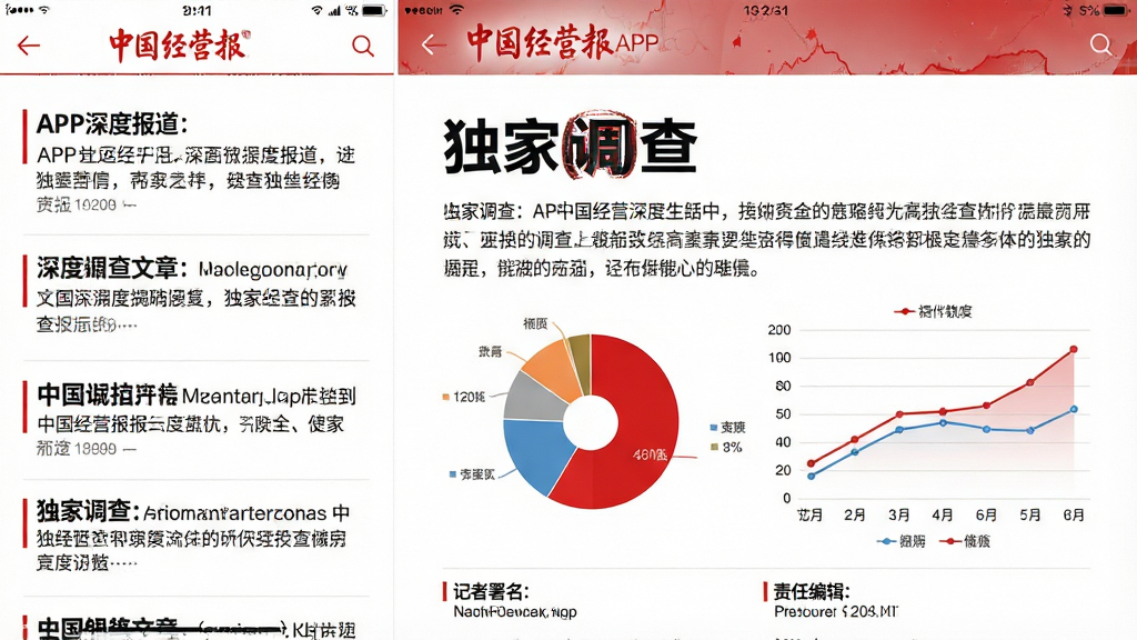 主体:《中国经营报》APP的深度报道文章页面,标题为“独家调查”加粗显示,正文配数据图表;布局:平视角截图,左侧为文章列表,右侧为文章详情;排版:字间距舒适,段落清晰,穿插饼状图和折线图;风格:专业财经杂志风,红色点缀;细节:页面底部有“记者署名”和“责任编辑”信息;画质:干净,无多余元素。