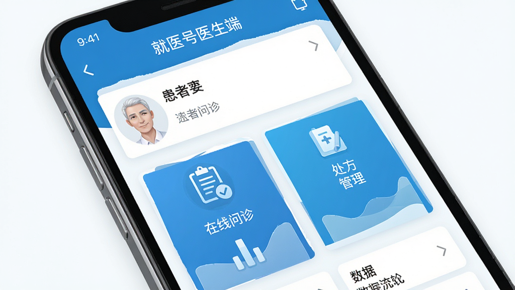一幅展示智能手机屏幕的图片,屏幕中清晰显示“就医号医生端”应用界面,界面包含患者列表、在线问诊、处方管理、数据统计等模块图标,整体布局简洁专业,色调以蓝色和白色为主,背景为干净的纯色,画质清晰,细节丰富,无多余元素。