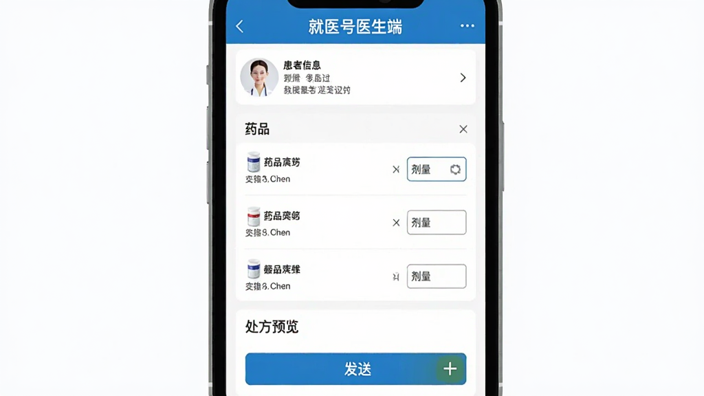 展示“就医号医生端”开处方界面的图片,屏幕上方为患者信息,中间为药品选择列表,每个药品旁有剂量输入框,下方是处方预览和发送按钮,背景为浅白色,整体布局规整,色彩对比鲜明,画质清晰,无多余元素。