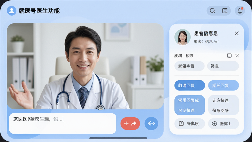 一张展示“就医号医生端”在线问诊功能的界面截图,屏幕中医生与患者视频通话中,下方有文字输入框和常用回复快捷键,右侧显示患者基本信息卡片,整体UI圆润,色彩柔和,以蓝色为主色调,画质清晰,无多余元素。