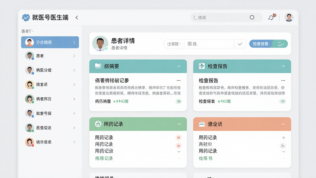 展示“就医号医生端”软件界面的图片,画面中央是一个患者详情页面,包含病历摘要、检查报告、用药记录等卡片式布局,左侧有患者分组侧边栏,背景为淡灰色,整体风格扁平化,色彩清新,文字标签清晰可读,画质干净,无多余元素。