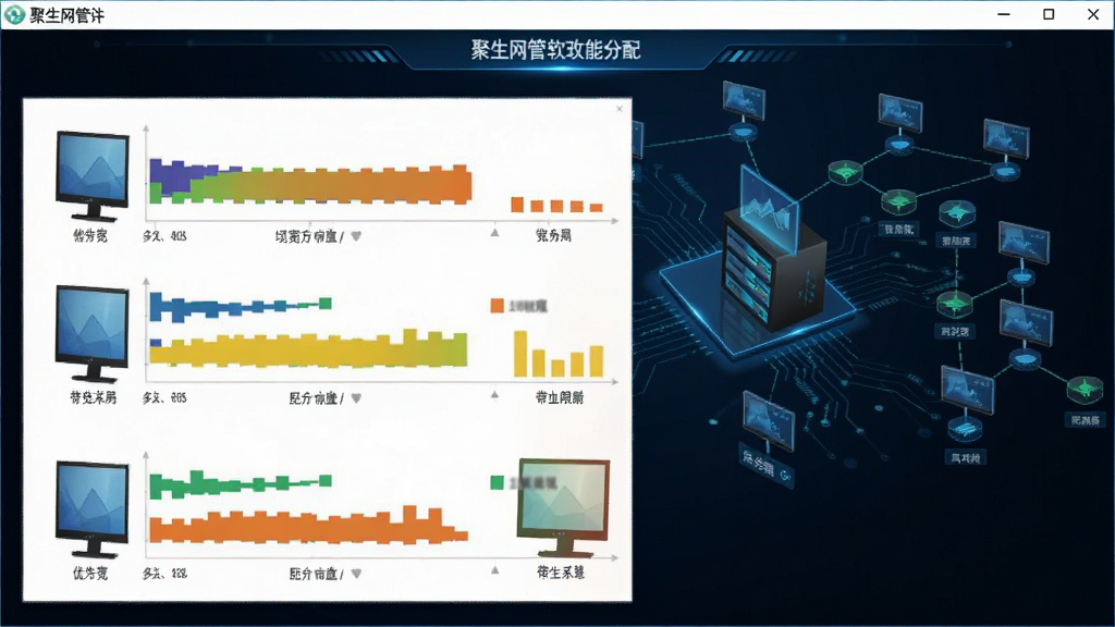 聚生网管软件带宽分配功能界面,展示多台电脑的带宽限制柱状图,不同颜色代表不同优先级,背景为网络拓扑图,风格科技感,画质清晰,干净无杂物