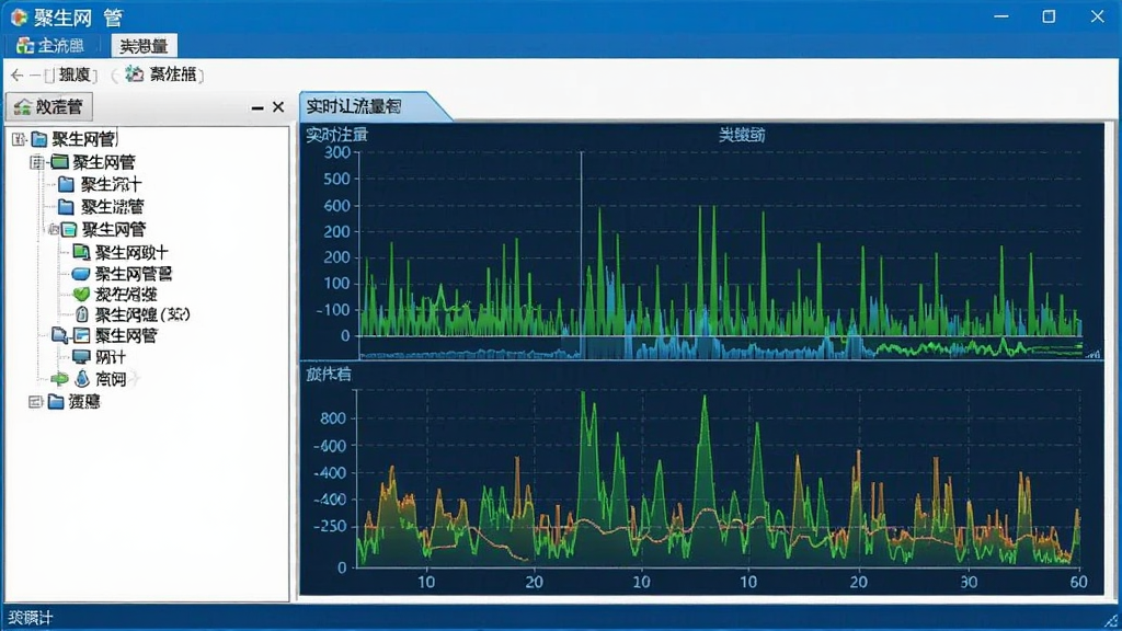 图片展示聚生网管软件主界面,界面布局清晰,左侧为功能树,右侧为实时流量图表,整体风格简洁专业,色调以蓝白为主,画质干净,无多余元素