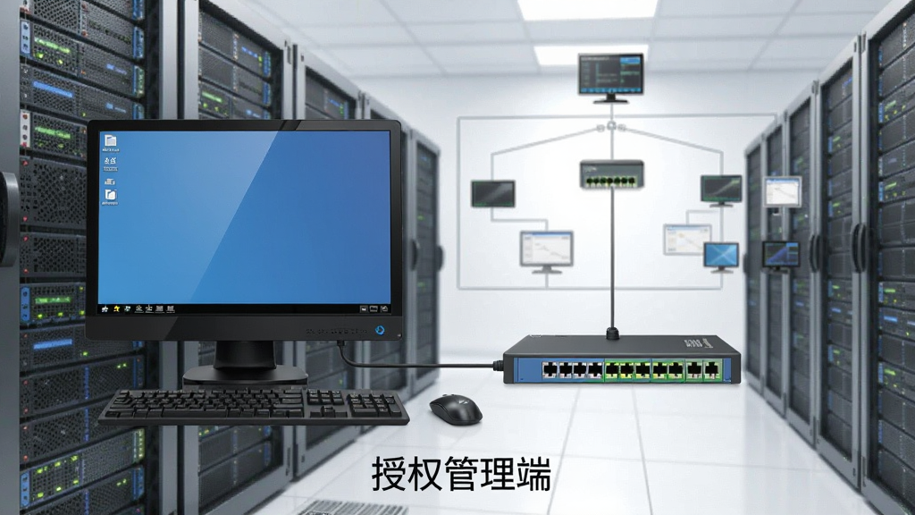 聚生网管软件运行环境示意图,展示一台电脑作为监控主机连接交换机,下方标注“授权管理端”,背景为简洁的机房网络拓扑,风格干净,画质清晰,无多余元素