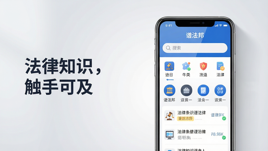 主体:一部亮着屏幕的智能手机,屏幕上清晰显示“谱法邦”APP界面,界面包含搜索框、分类图标和清晰的法律条文列表。 布局:手机位于画面中央偏右,左侧留白并配有“法律知识,触手可及”的标语字样。 排版:手机屏幕内的界面采用列表式布局,顶部为搜索栏,下方为整齐的功能图标。 风格:现代扁平化设计风格,色彩以蓝色和白色为主,突出专业与信赖感。 细节:手机屏幕反光自然,界面图标精致,背景为浅灰色渐变,营造干净整洁的视觉氛围。 画质:8K超高清,细节丰富,光线柔和,干净,无多余元素。