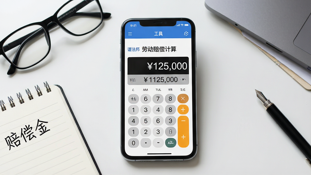 主体:一部智能手机横屏显示“谱法邦”应用内的“工具”页面,屏幕上有一个计算器界面,正在计算劳动赔偿金额。 布局:手机屏幕居中,周围是散落的办公用品,如眼镜、笔记本。 排版:屏幕内计算器界面清晰,数字和按钮排列整齐,上方有“劳动赔偿计算”标题。 风格:写实风格,光线自然,突出桌面场景。 细节:计算器显示数字“¥125,000”,笔记本上写有“赔偿金”字样。 画质:高清,细节清晰,干净,无多余元素。