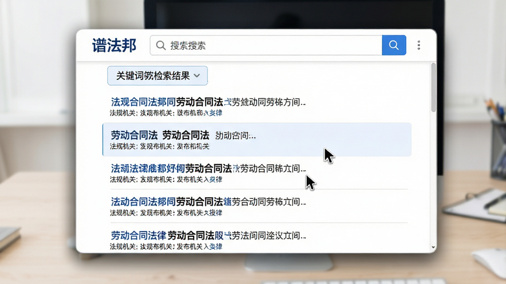 主体:电脑屏幕或手机截图上显示“谱法邦”的法规检索结果页面,关键词“劳动合同法”被高亮显示,下方列出多条法律条文标题。 布局:画面以截图内容为主体,四周有柔和的阴影,背景为浅色办公桌面。 排版:截图顶部为搜索框,下方为整齐排列的搜索结果列表,每条结果包含法规名称和发布机关。 风格:简洁的界面设计风格,信息层级分明,色彩以白色和蓝色为主。 细节:搜索结果中“劳动合同法”字样加粗显示,鼠标指针悬停在某条结果上。 画质:高清,界面文字清晰可读,干净,无多余元素。