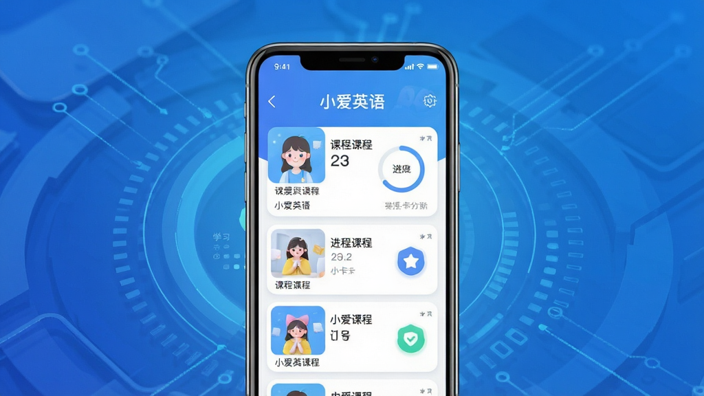 һ��չʾС��Ӣ��APP������ĸ�������ͼ�������������ֻ���Ļ����Ļ����ʾ��С��Ӣ������Ϳγ��б��������ǽ������ɫ�Ƽ��б��������ּ��󷽣�����ִ����£�ϸ�ڰ����γ̿�Ƭ������Բ����ѧϰ�򿨱�ʶ�����������ɾ����޶���Ԫ��