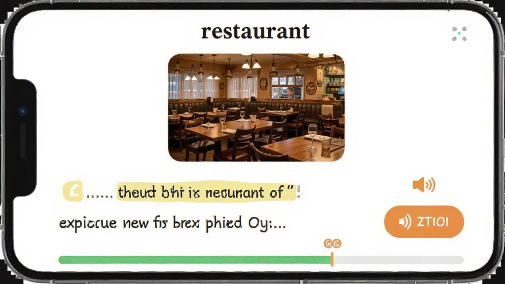 һ��С��Ӣ��APP����ѧϰ����Ľ�ͼ������չʾ���ʡ�restaurant������һ�Ų���ͼƬ���·�������ͷ�����ť������Ϊ�ֻ������������ܰ��ͨ��ϸ�ڰ���ͼƬ��Ƭ���������������������������������޶���Ԫ��