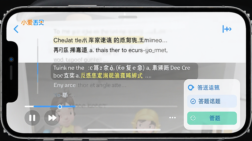 һ��С��Ӣ��APP����ѵ������Ľ�ͼ�����沥��һ��Ӣ�ĶԻ����·���ʾ��Ļ�ʹ��⿨������Ϊ�ֻ�����������ִ��Ƽ��У�ϸ�ڰ������Ž���������Ļ����������ѡ����ʸɾ����޶���Ԫ��