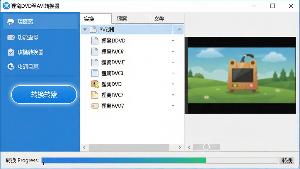 主体:狸窝DVD至AVI转换器软件界面,展示主窗口和转换进度条;布局:左侧为功能列表,右侧为文件列表与预览窗口,排版清晰简洁;风格:现代扁平化设计,蓝色主色调,白色背景;细节:界面中显示