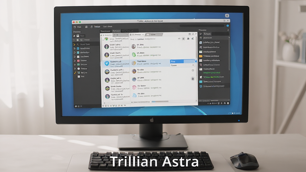 一张展示Trillian Astra软件在电脑桌面运行的实拍图,屏幕中显示软件主窗口和多标签聊天界面,键盘和鼠标在旁,桌面环境整洁,光线明亮,整体氛围专业且舒适,画质清晰,细节丰富,画面干净,无多余元素,图片下方标注“Trillian Astra”使用场景。