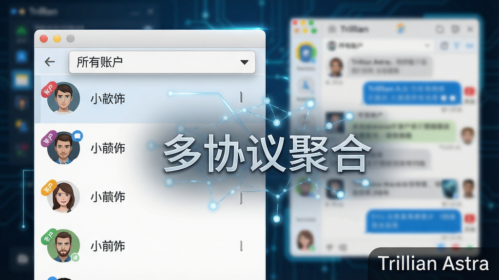 一张Trillian Astra软件功能展示图,画面主体为软件的联系人列表面板,其中不同协议的联系人头像被不同颜色的小徽章标记,列表上方有下拉菜单显示“所有账户”选项,背景为模糊的聊天窗口,整体风格科技感强,布局清晰,重点突出“多协议聚合”功能,画质干净,无多余元素,图片角落标注“Trillian Astra”软件名称。