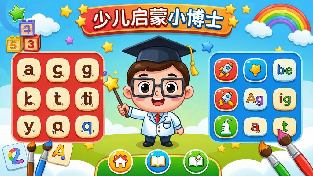 ���壺�ٶ�����С��ʿ���������棬�ɰ��Ŀ�ͨС��ʿ����վ����Ļ���룬��Χ����ƴ����ĸ�����ֻ�ľ��Ӣ�ĵ��ʿ�Ƭ�Ͳ�ɫ���ʣ����֣�����������½ṹ���Ϸ�Ϊ��̬���������м�Ϊ����ͼ�깬���·�Ϊ��ͨ������ť���Ű棺ͼ���������룬ɫ�ʷ�����ȷ������ɫƴ�������Ҳ���ɫ��ѧ�����ײ���ɫӢ��������񣺶�ͯ��ͨ�廭�磬ɫ����������������Բ��ϸ�ڣ�С��ʿ���ŷ����۾��Ͳ�ʿñ���ֳ�ħ��������Ļ����ʾ���ٶ�����С��ʿ�����������������ǡ��ƶ�Ͳʺ磻���ʣ�����ϸ�壬�ɾ��޶���Ԫ�ء�