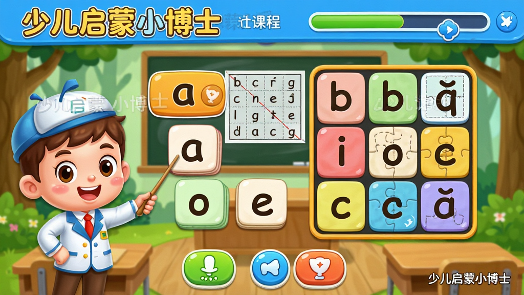 ���壺�ٶ�����С��ʿȤζ�����γ̽��棬չʾƴ��ѧϰ��Ϸ������С��ʿ��ͨ��������Ļ����������Ҳ�����ĸ��Ƭ��ƴͼ��Ϸ�����֣����·ֲ㣬�Ϸ�Ϊ�γ̱���ͽ��������м�Ϊ��Ϸ�����·�Ϊ������ť���Ű棺��ĸ��Ƭ�Բ�ɫԲ�Ǿ������У���Ϸ������þŹ��񲼾֣���񣺿ɰ���ͨ���ɫ�ʻ���������ϸ�ڣ�С��ʿ�ֳֽ̱�ָ��a����ĸ���Ա��С�o����e����Ƭ��������ɭ�ֽ��ң��ڰ�����ƴ�����ָ񣬻������С��ٶ�����С��ʿ��ˮӡ���������ʣ�������Ⱦ��ϸ�ڷḻ���ɾ��޶���Ԫ�ء�