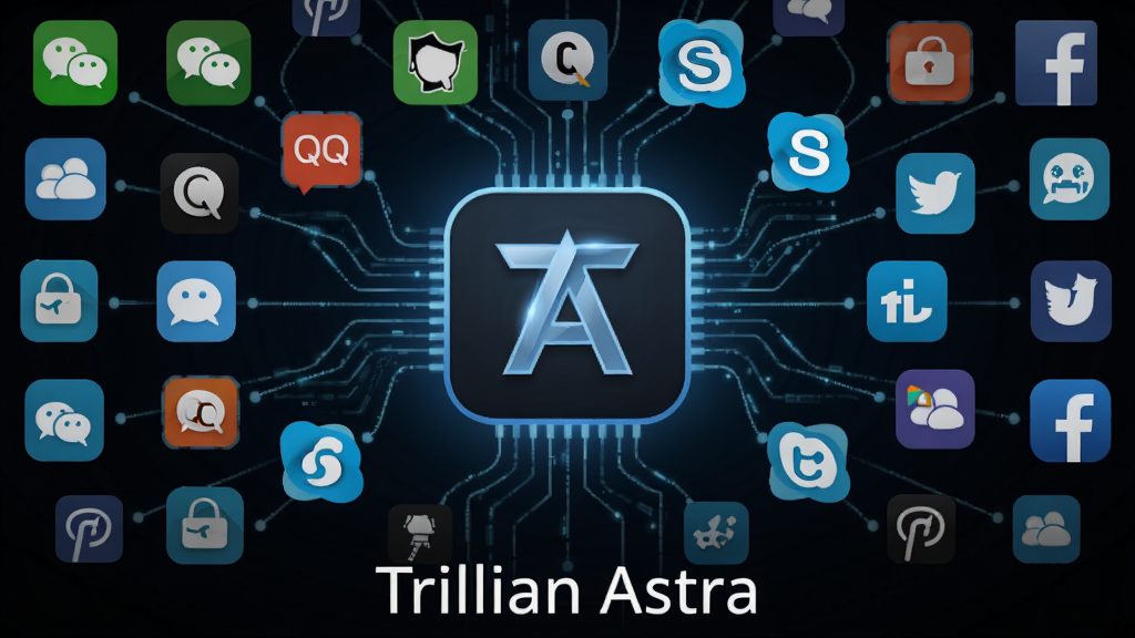 一张概念图,主体为Trillian Astra软件图标位于中心,周围环绕着微信、QQ、Skype、Facebook等各类社交软件的小图标,它们通过线条与中心图标相连,布局呈放射状,排版均衡,风格科技感十足,细节精致,画质清晰,无多余元素,图片底部标注“Trillian Astra”字样