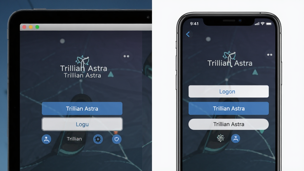 一张分屏图片,左侧为Trillian Astra软件的电脑端登录界面,右侧为手机端APP的登录界面,主体是两个设备屏幕的放大展示,布局左右对称,排版整洁,风格现代,细节清晰,画质高清,无多余元素,屏幕内均显示“Trillian Astra”登录按钮
