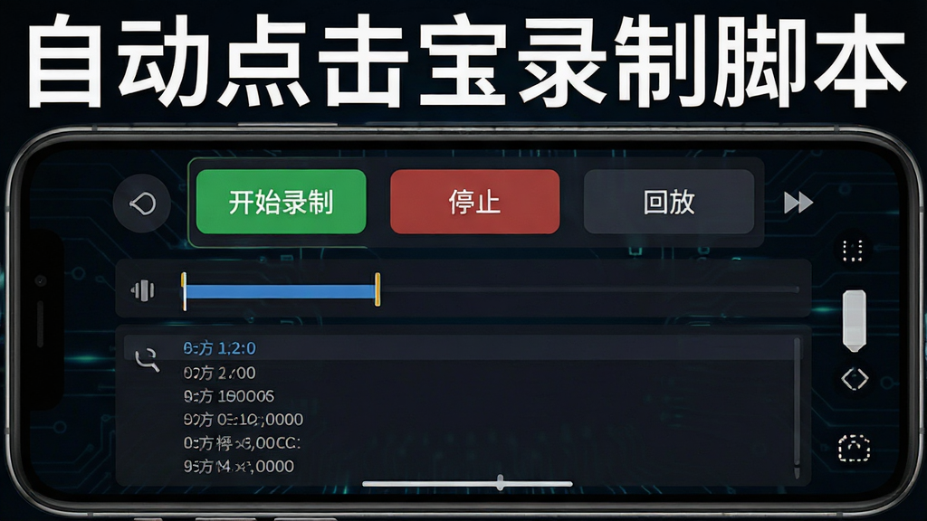展示自动点击宝的脚本录制界面,手机屏幕上显示录制控制条,包含“开始录制”、“停止”、“回放”按钮,下方为时间轴与坐标参数列表,背景为深色科技风格,突出专业感,画面清晰,文字标注“自动点击宝录制脚本”,画质无损,干净无杂乱元素