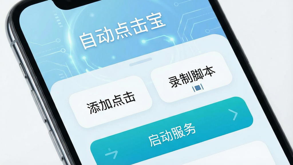 一张现代感十足的智能手机屏幕特写,屏幕中显示“自动点击宝”App的主界面,界面布局清晰,包含“添加点击”、“录制脚本”、“启动服务”等醒目按钮,背景为淡蓝色科技感渐变,画面干净明亮,突出软件的智能与便捷,画质高清,无多余元素