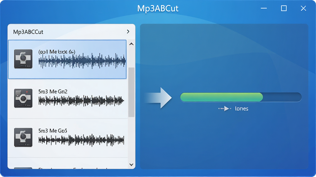 展示Mp3ABCut(mp3剪切器)合并功能的界面,左侧文件列表中有三个音频文件依次排列,右侧显示合并进度条,中间有箭头图标表示文件流动,背景为蓝色渐变,界面简洁,软件名称“Mp3ABCut”置于顶部,画质清晰,细节丰富,无多余元素。