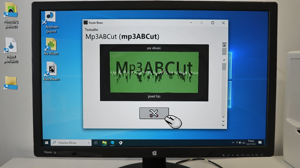 一张Mp3ABCut(mp3剪切器)在Windows电脑上运行的实拍图,电脑屏幕显示软件主界面,鼠标正点击剪切按钮,桌面上有音频文件图标,整体环境明亮,画质清晰,干净无多余元素。