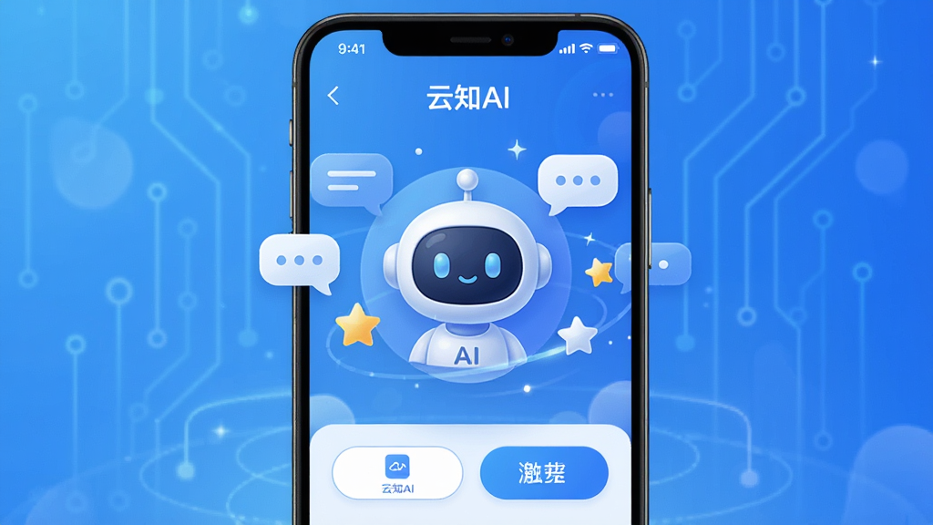画面主体为智能手机屏幕展示云知AI应用界面,界面中央有一个可爱的AI机器人图标,周围漂浮着对话气泡和星星元素,背景为渐变的蓝色科技感背景,布局居中,排版简洁,风格清新明亮,细节包括界面上的“云知AI”字样和简洁的功能按钮,画质高清,干净无多余元素。