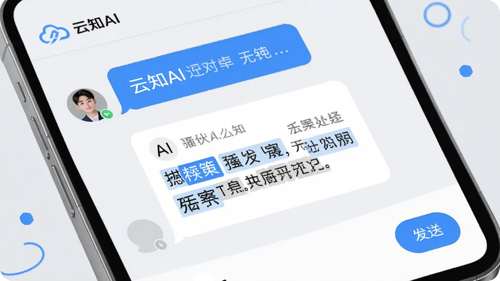 画面主体为云知AI智能对话界面,手机屏幕上显示用户与AI的对话气泡,AI回复内容带有高亮关键词,背景为浅灰色配蓝色点缀,布局清晰,排版规整,风格简约现代,细节包括“云知AI”logo和发送按钮,画质高清,干净无多余元素。