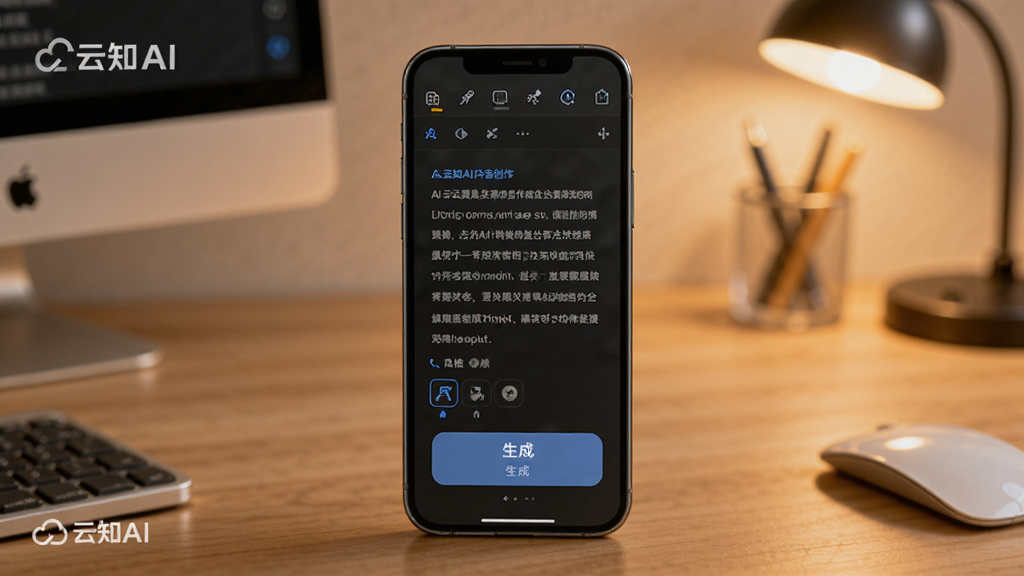 画面主体为云知AI内容创作界面,展示一篇由AI生成的文案,手机屏幕上有编辑工具条和风格选项,背景为暖色调工作台场景,布局居中,排版有序,风格专业商务,细节包括“云知AI”水印和生成按钮,画质高清,干净无多余元素。