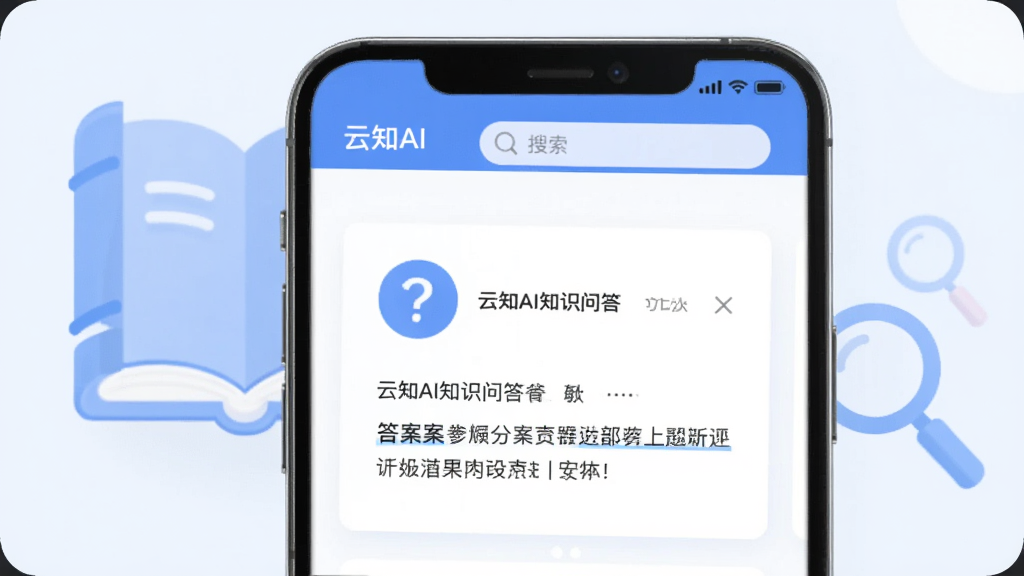 画面主体为云知AI知识问答界面,手机屏幕显示一个知识卡片,卡片上有问号和答案,背景为淡蓝色书本和放大镜图标,布局简洁,排版清晰,风格教育学术,细节包括“云知AI”导航栏和搜索框,画质高清,干净无多余元素。
