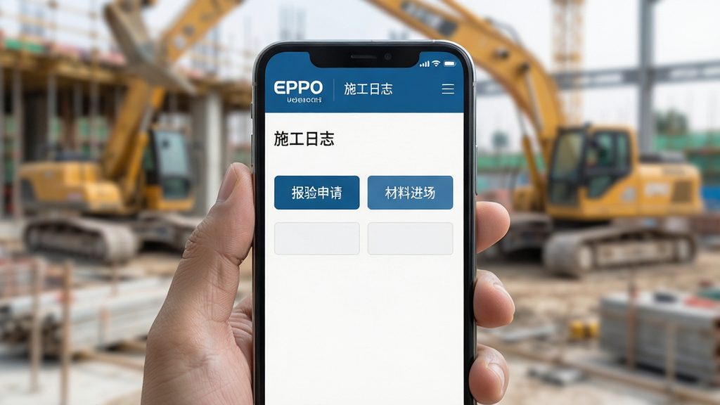 ���壺һλ����ʦ����ʹ���ֻ���EPRO������Ŀ����ϵͳ����棬��Ļ��ʾ��ʩ����־����д���档���֣��ֻ�λ�ڻ������룬����Ϊģ���Ĺ����ֳ����Ű棺�ֻ���Ļ��д�����������ɱ棬�Ϸ��С�EPRO��Logo�����дʵ��Ӱ�����Ȼ���ߡ�ϸ�ڣ��ֻ���Ļ����ʾ�С��������롱�����Ͻ������Ȱ�ť�����ʣ�����ϸ�ڷḻ������ɾ���