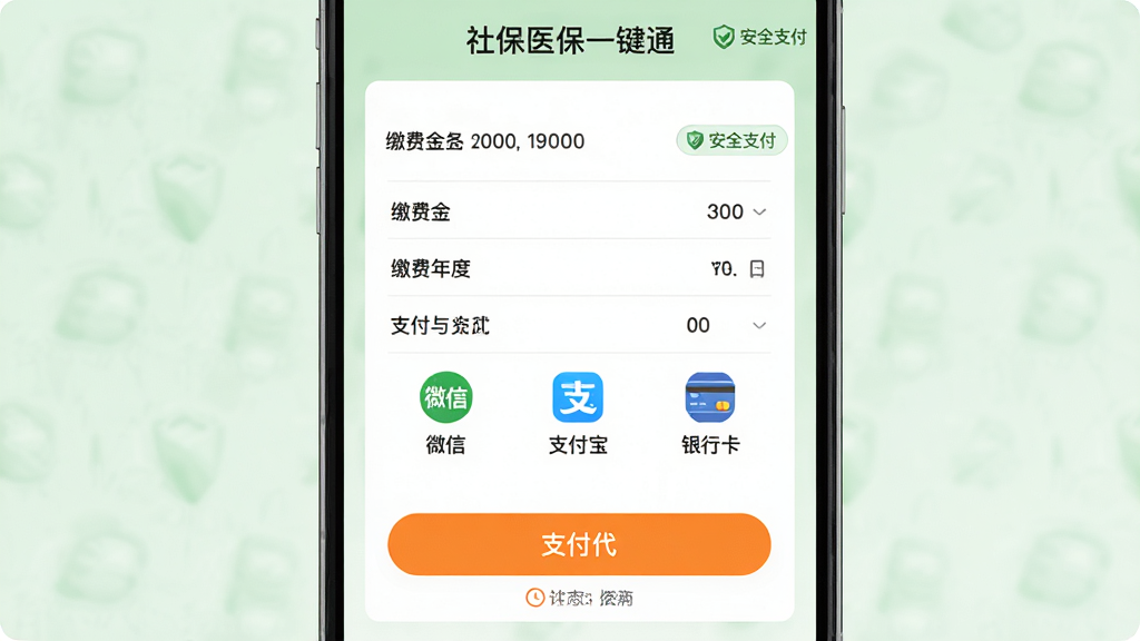 ���壺���籣ҽ��һ��ͨ����ҽ���ɷѽ��棬��ʾ�ɷѽ��ɷ������֧����ʽѡ��΢�š�֧���������п��������֣�������У��Ϸ�Ϊ�ɷ���ϢժҪ���·�Ϊ֧����ť���Ű棺����ʽ���֣��ֶζ��룬֧��ͼ����š�������¼�࣬����Ϊǳ��ɫ��ͻ����ȫ֧����Χ��ϸ�ڣ�ҳ����С���ȫ֧������ʶ������ʱ��ʾ����ťΪ��Ŀ��ɫ�����ʣ��߱��������ƣ�ɫ����ͣ�����ɾ��޶���Ԫ�ء�