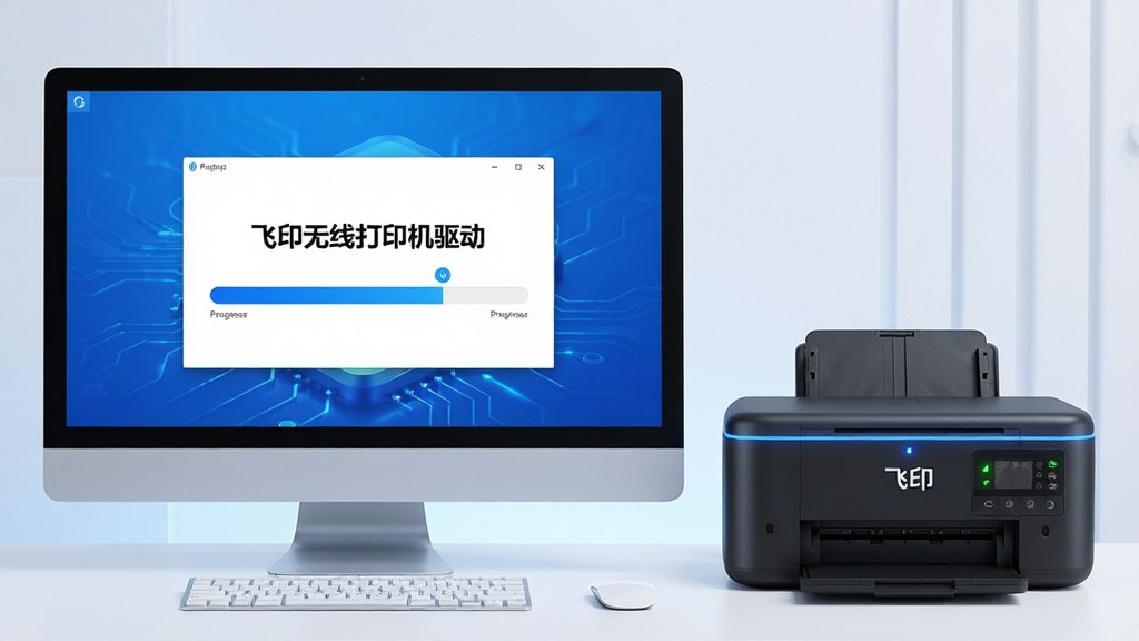 主体:飞印无线打印机驱动安装界面,电脑屏幕显示驱动安装进度条,旁边摆放一台飞印无线打印机。布局:电脑与打印机并排,画面简洁。排版:驱动安装窗口居中显示,突出“飞印无线打印机驱动”字样。风格:现代科技感,蓝色调。细节:安装进度条清晰,打印机指示灯亮起。画质:高清,干净,无多余元素。